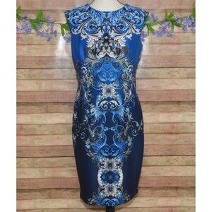 Dressbarn Sleeveless Sheath Dress Blue Scuba Print Non Wrinkle Size 8 Career